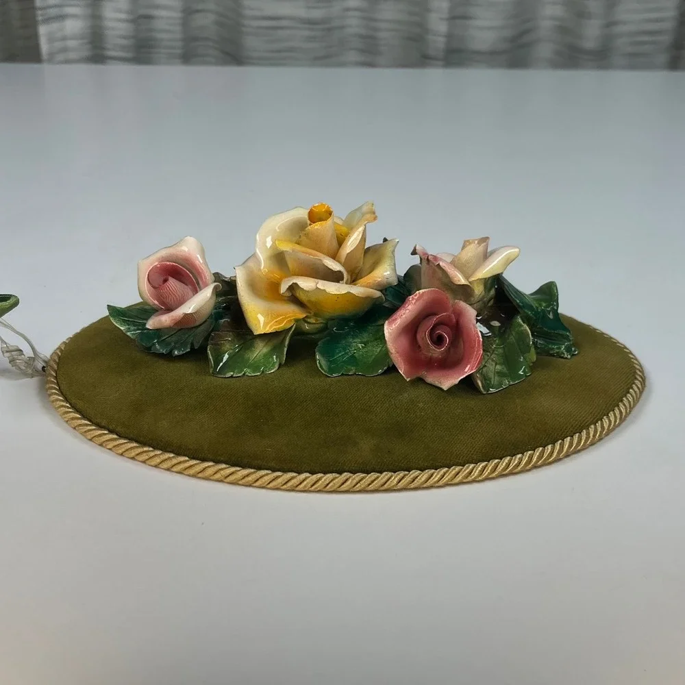 Heygill Wall Plaque Lime Green Porcelain Rose Velvet Italy Vintage 8 in x 6 in